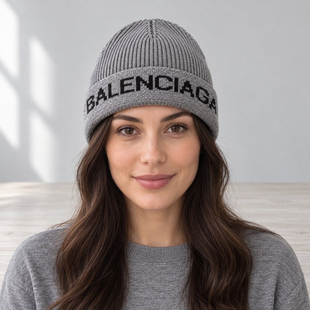 Balenciaga Grey Ribbed Knit Beanie - Picture 2 of 6